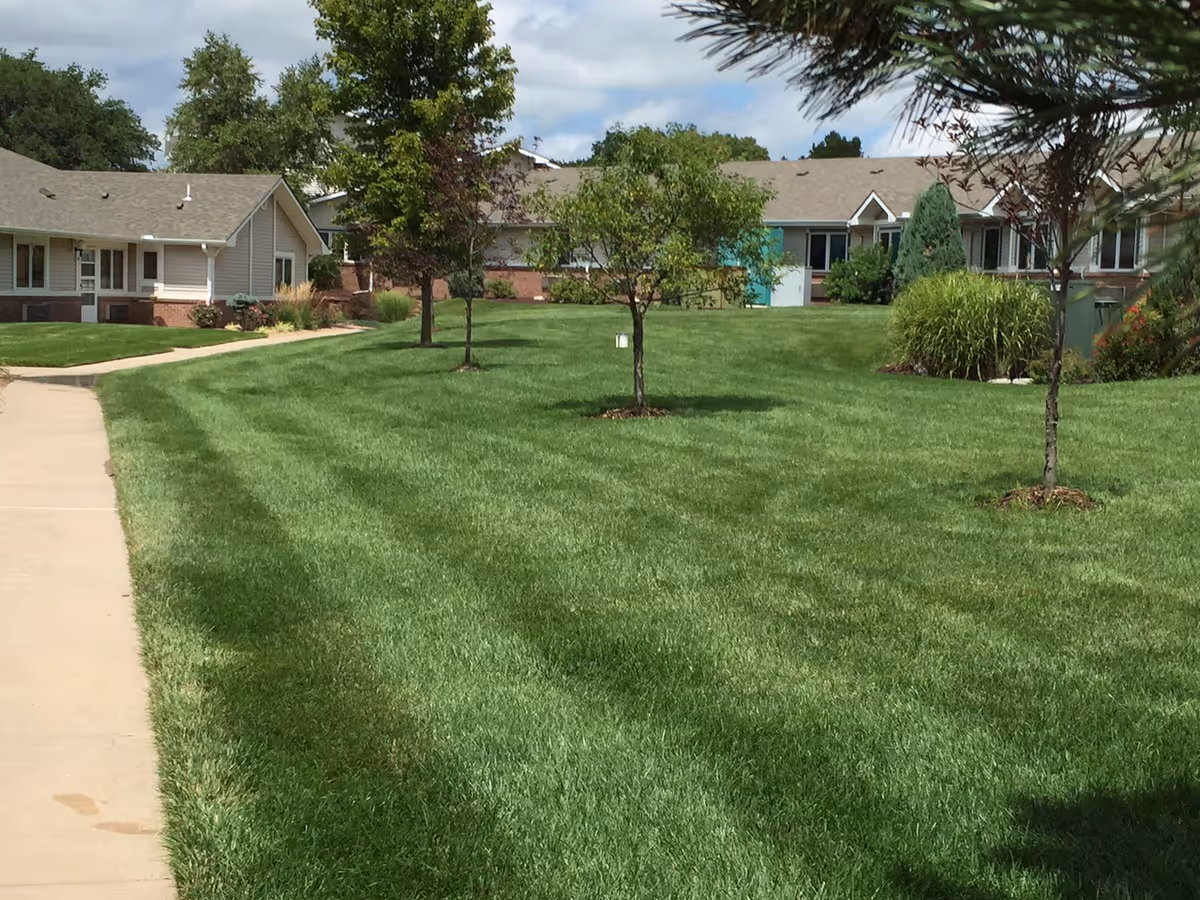 A well-maintained grassy lawn with several small trees and shrubs, bordered by a concrete walkway. In the background, there are single-story residential buildings with beige siding and brick accents under a partly cloudy sky.