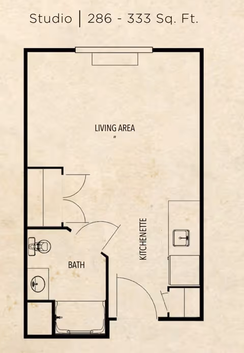 Floor plan of a studio apartment ranging from 286 to 333 square feet, showing a living area, a kitchenette, and a bathroom with a toilet, sink, and bathtub.