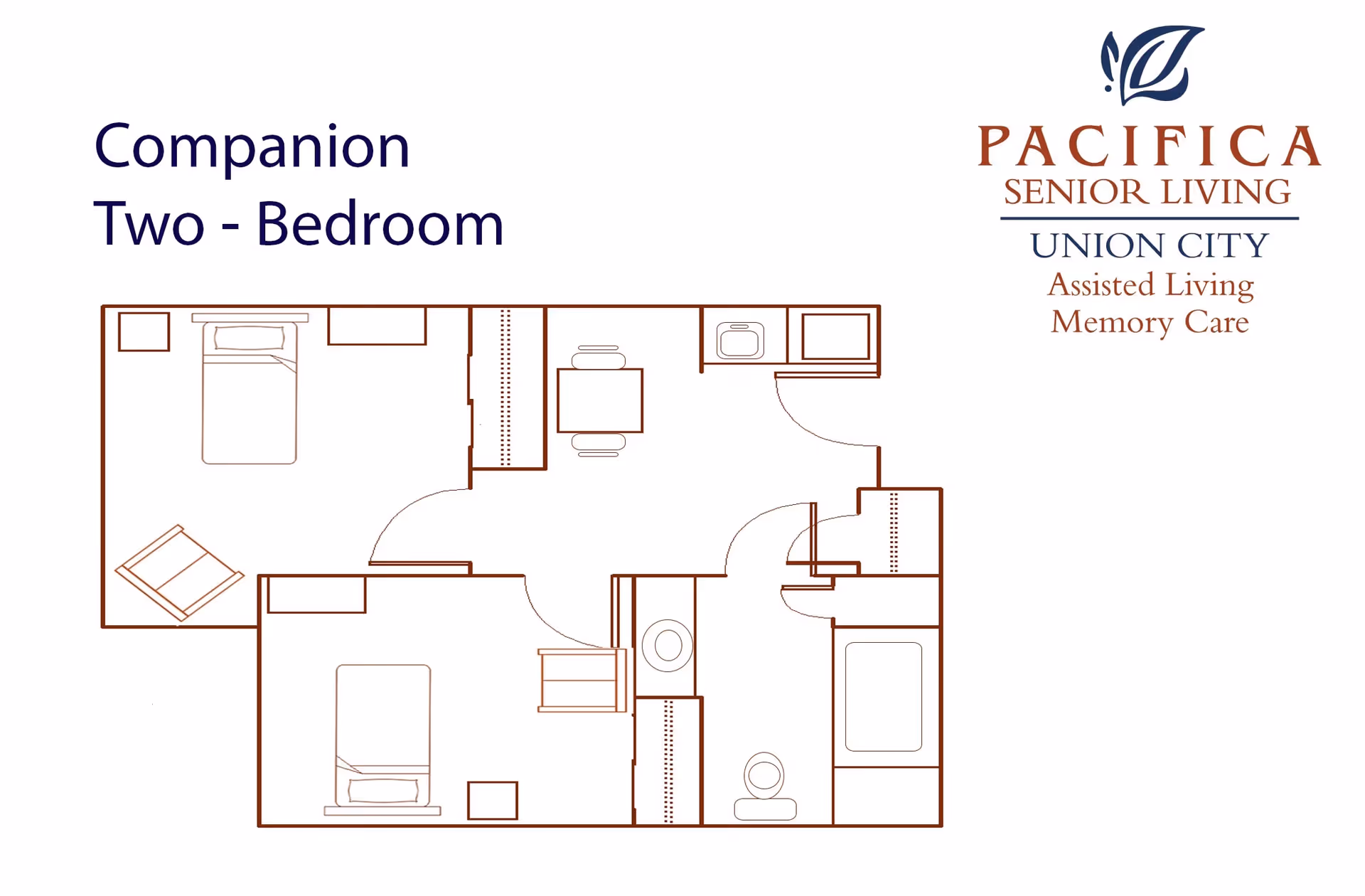 Floor plan layout of a companion two-bedroom assisted living unit showing two bedrooms, a shared bathroom, and a small dining area with a table and chairs.