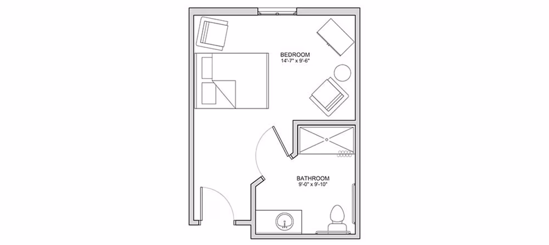Black-and-white floor plan of a studio-style layout showing a bedroom area with bed and seating and an adjoining bathroom with sink, toilet, and shower along with room dimensions.