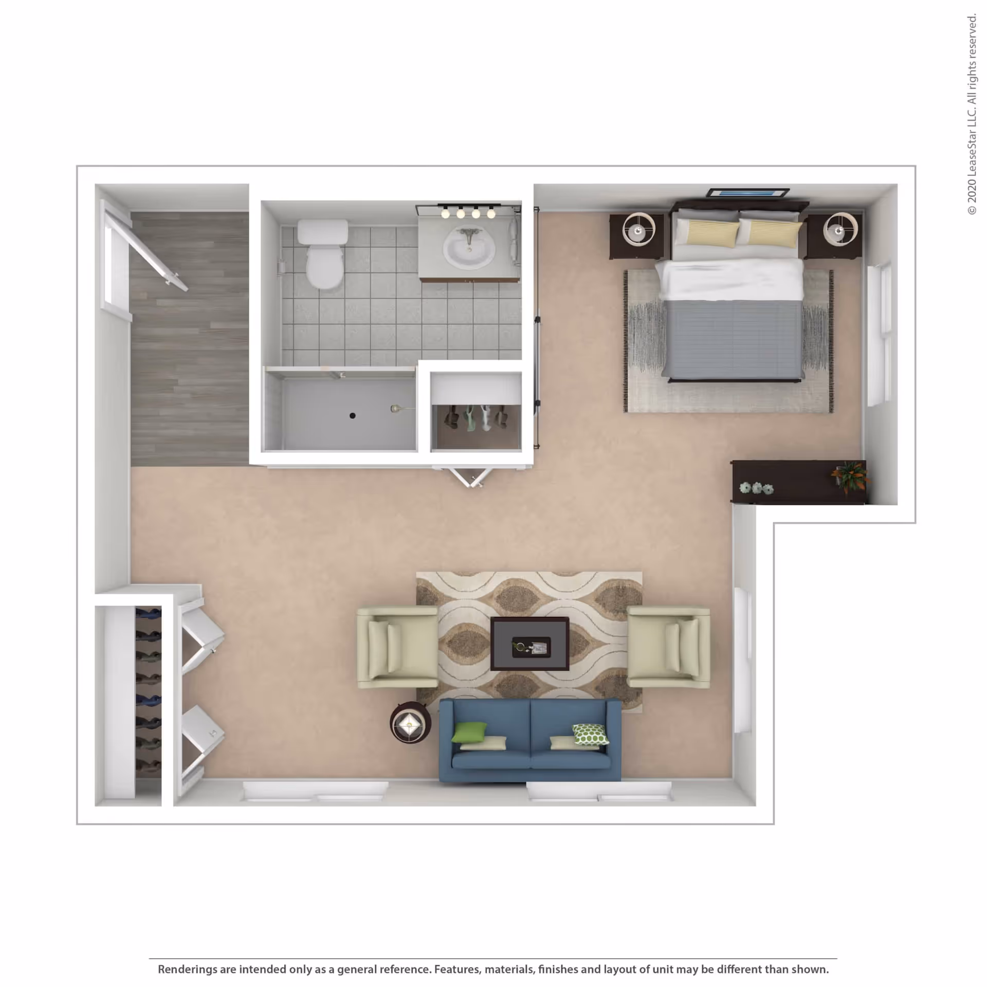 3D floor plan of a senior living unit at Hayden Grove Bloomington showing a bedroom with a bed, two nightstands, and a dresser; a living area with a sofa, two armchairs, a coffee table, and a side table; a bathroom with a toilet, sink, and shower; and a closet near the entrance.