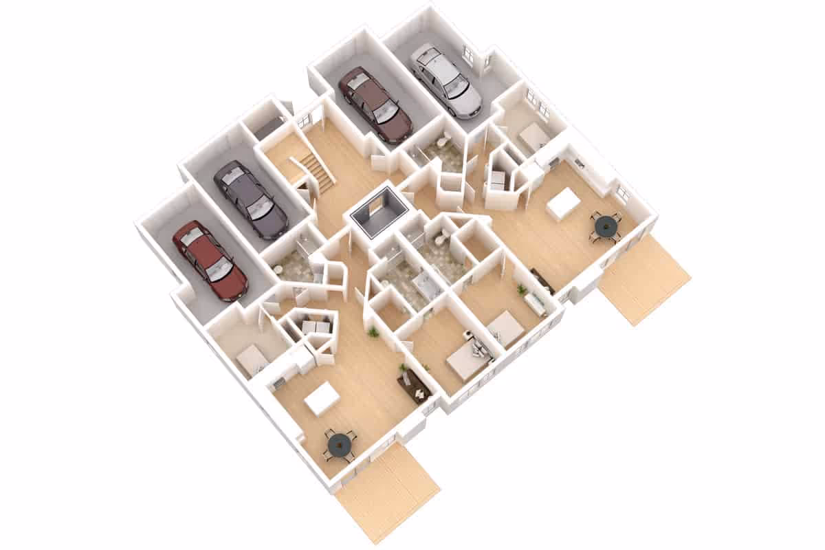 3D architectural floor plan of a residential unit showing multiple rooms including bedrooms, bathrooms, living areas, kitchen, and garages with cars parked inside.