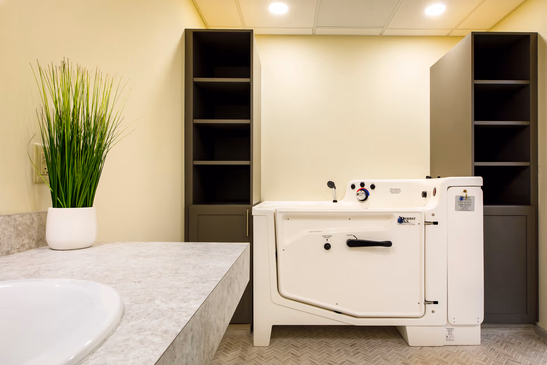 A bright bathroom featuring a white walk-in tub, dark shelving units, a sink countertop, and a potted plant.