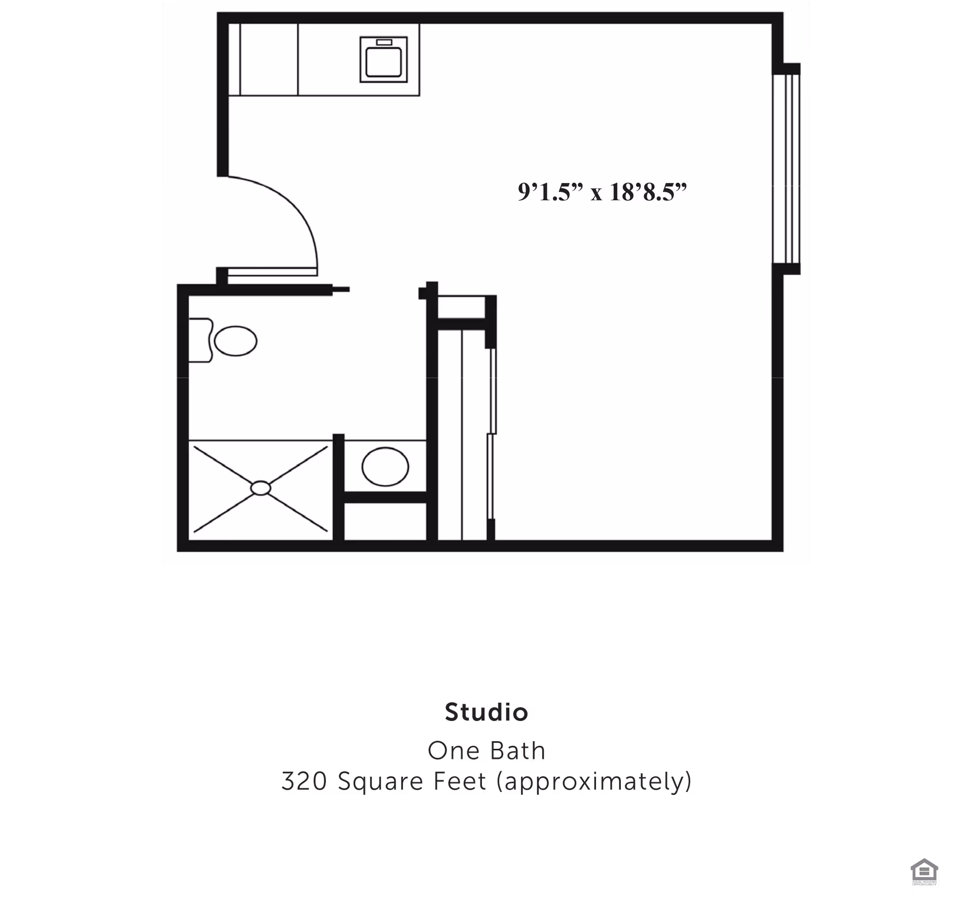 Architectural floor plan of a studio apartment with one bathroom, approximately 320 square feet. The layout includes a kitchen area, a bathroom with a toilet and shower, and an open living space measuring 9 feet 1.5 inches by 18 feet 8.5 inches.