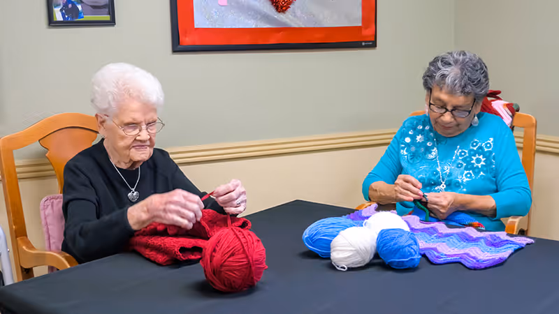 Two elderly women sitting at a table knitting with yarn in a room with beige walls and framed artwork on the wall behind them.