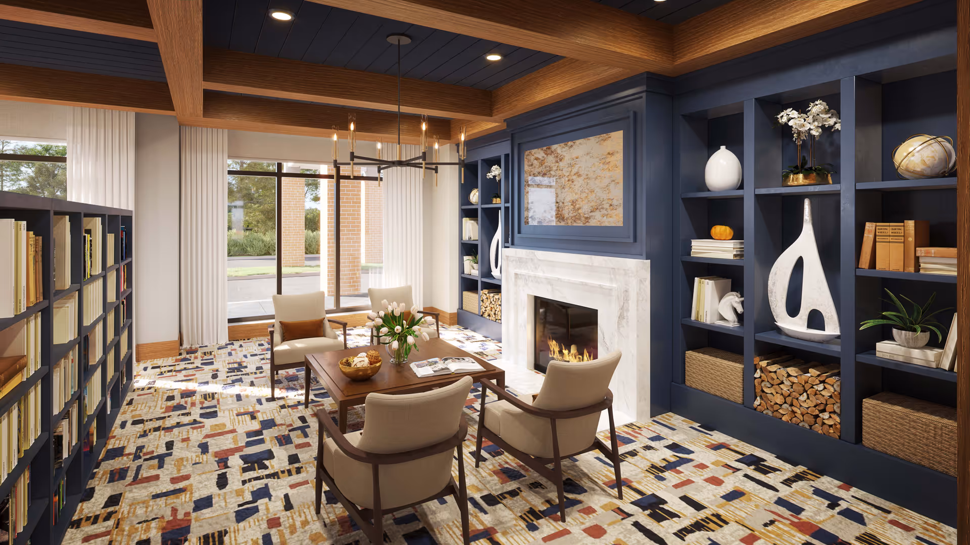 Bright, modern lounge with a marble fireplace, navy built-in bookshelves, four upholstered chairs around a wooden coffee table, and large windows.