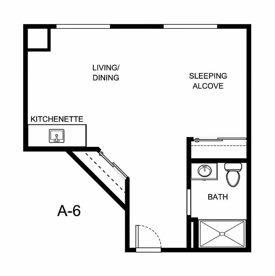 Floor plan layout of a senior living unit labeled A-6, showing areas designated as kitchenette, living/dining, sleeping alcove, and a bath with a sink, toilet, and shower.