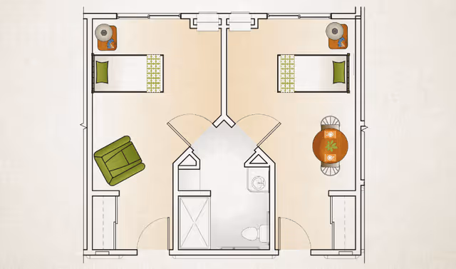 Floor plan of a living space with two separate bedrooms, each containing a bed, a nightstand with a lamp, and a chair or small table. The bedrooms share a central bathroom with a shower, toilet, and sink.