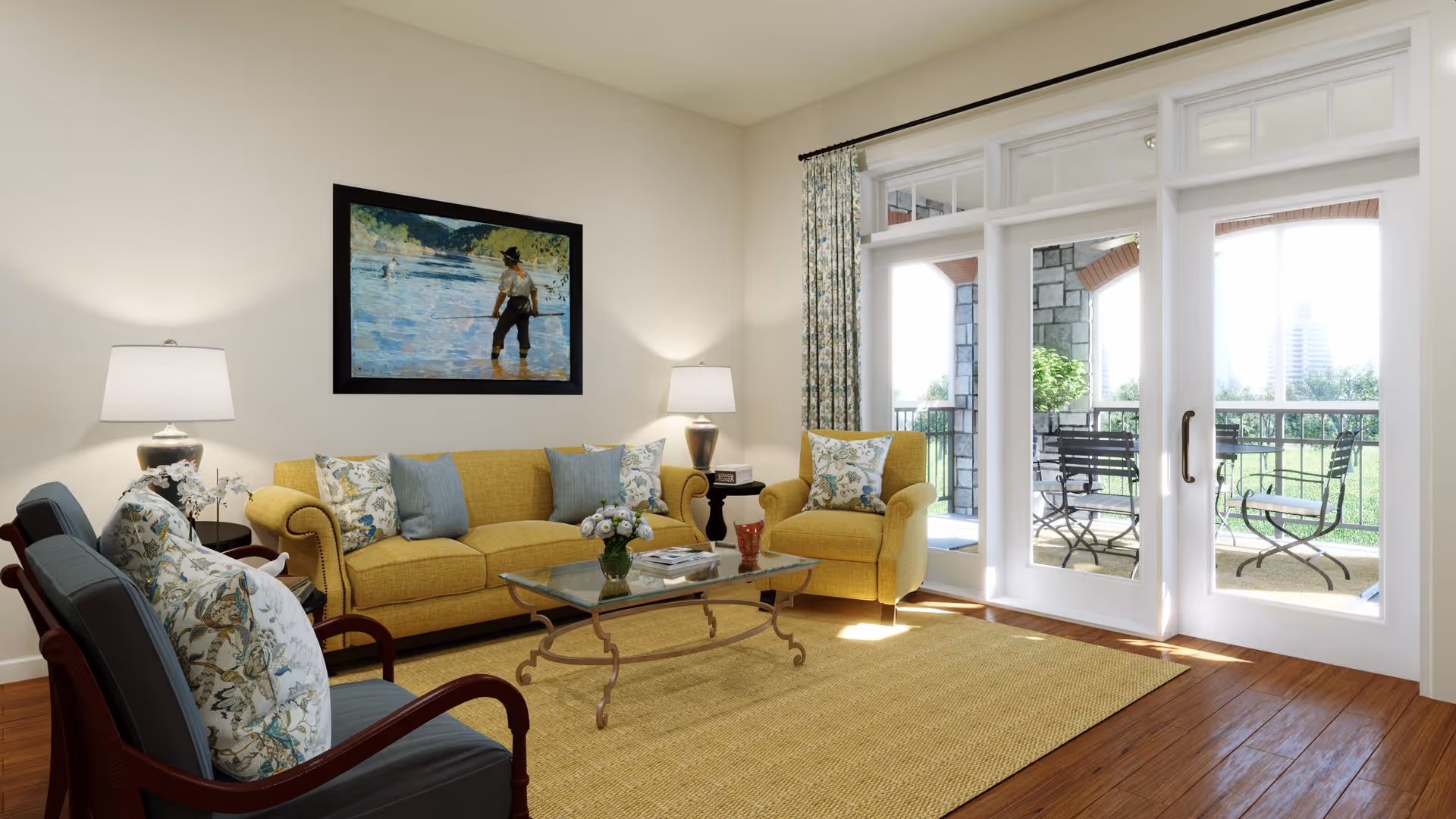 Bright living room with yellow sofa and armchairs, a glass coffee table, and large glass doors opening to a balcony.