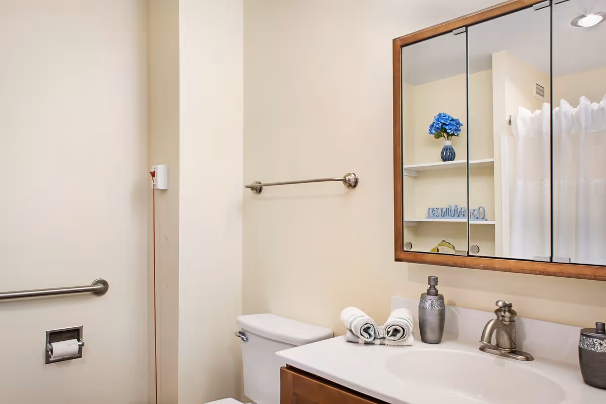 Bright accessible bathroom with a sink and faucet, mirrored medicine cabinet, toilet, towel rack, and grab bars.