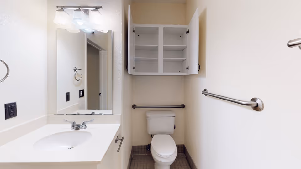 A clean bathroom with a white sink and countertop on the left, a mirror above the sink with three light fixtures, a toilet in the center against the back wall, and an open white cabinet with shelves above the toilet. There are metal grab bars on the walls beside and behind the toilet.