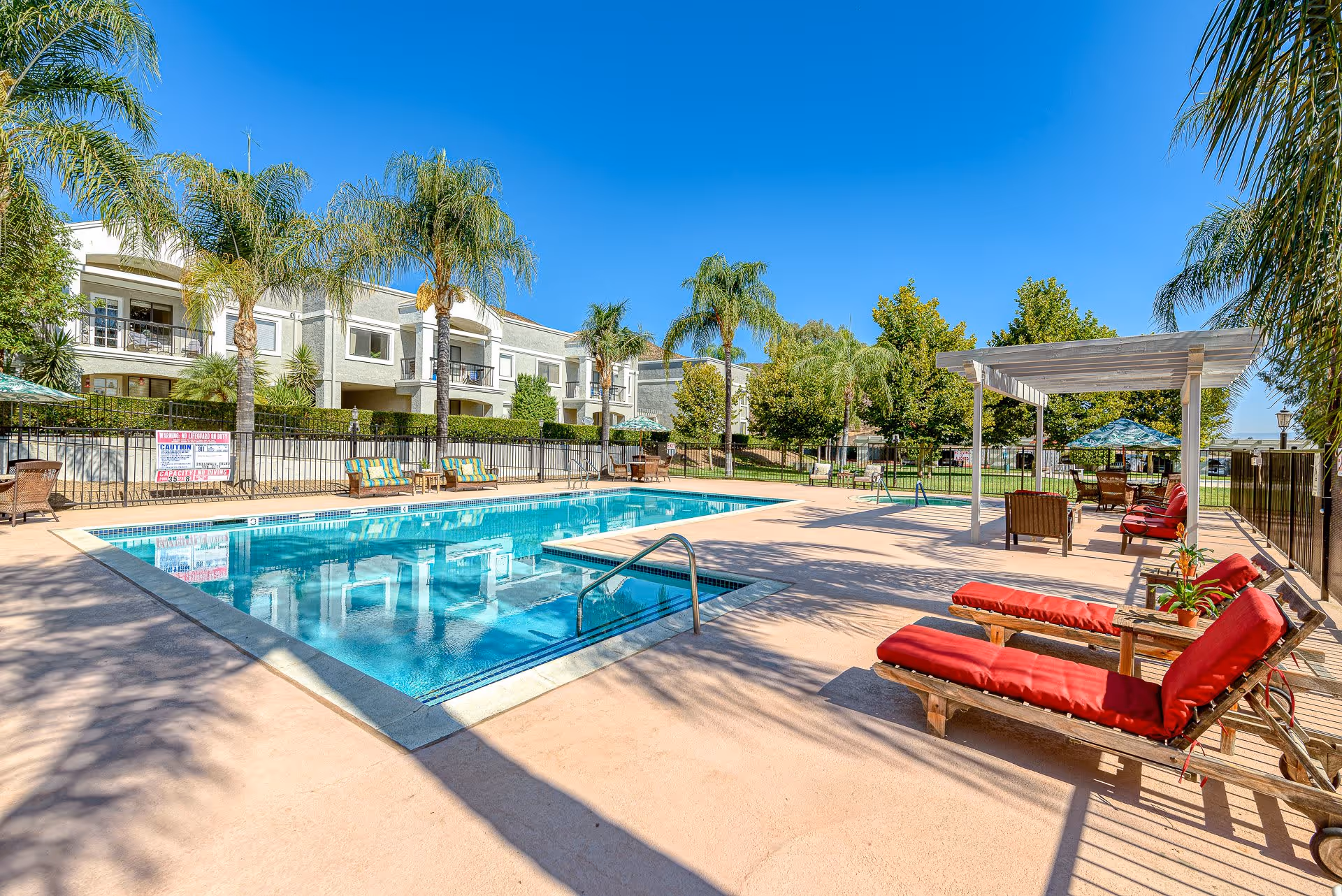 Outdoor swimming pool area at Menifee Senior Living with lounge chairs featuring red cushions, palm trees, and a covered seating area. Residential buildings and a clear blue sky are visible in the background.