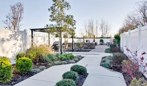 Paved courtyard walkway through a landscaped garden with shrubs, a pergola, and white privacy fencing.