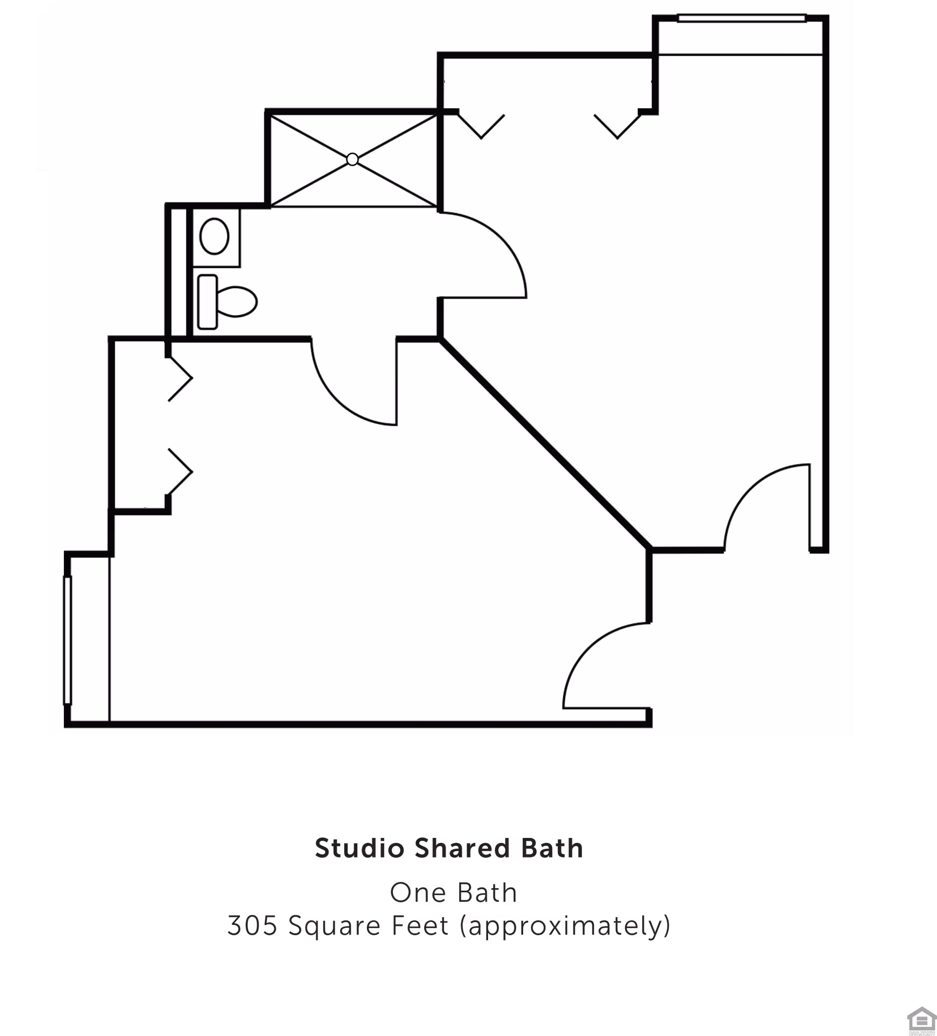 Architectural floor plan of a studio apartment with a shared bathroom, showing one bathroom and approximately 305 square feet of space. The layout includes a bathroom with a toilet, sink, and shower, along with a main living area and closet spaces.