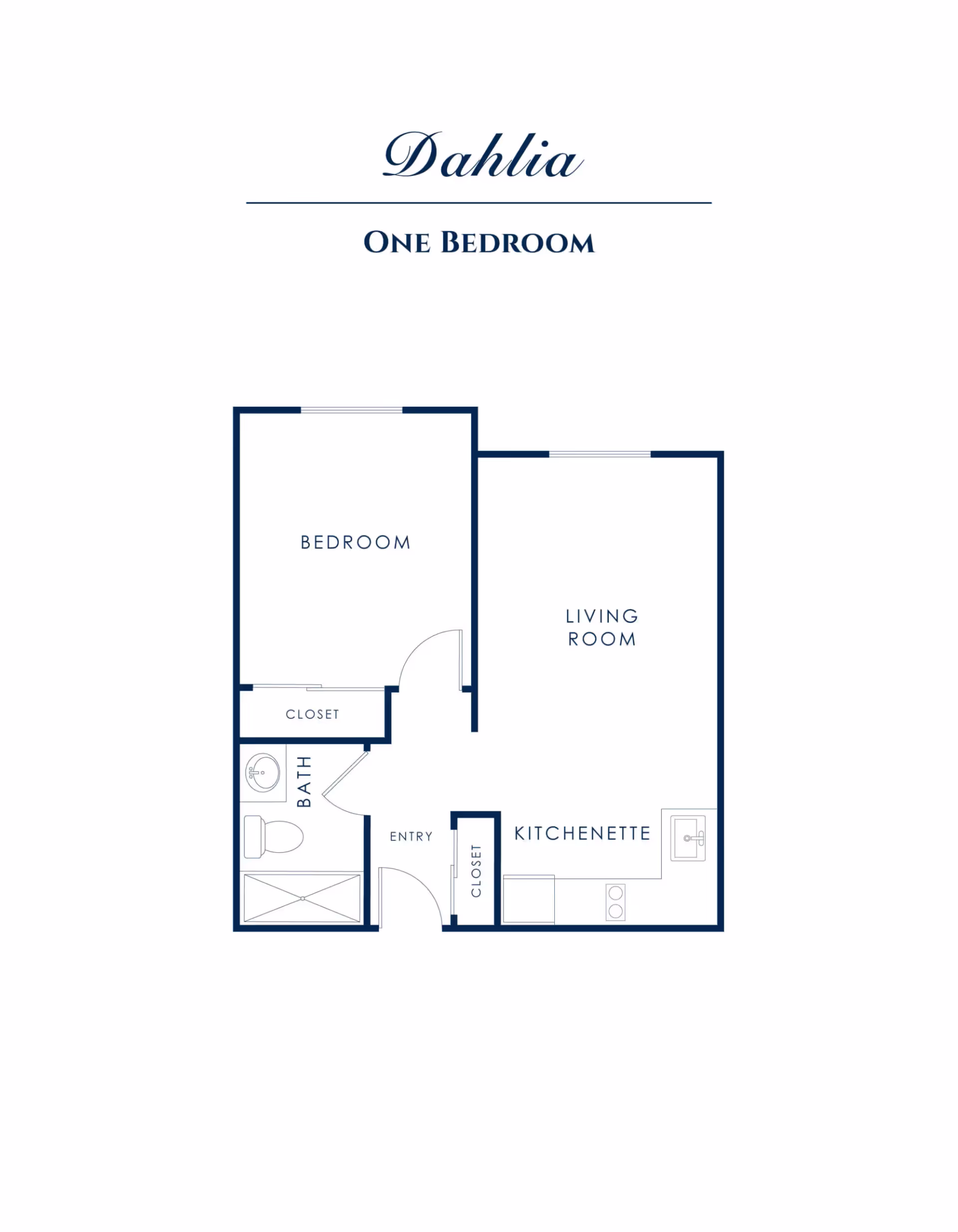 One-bedroom floor plan titled 'Dahlia' showing a bedroom, living room, kitchenette, bathroom, closets, and entry.