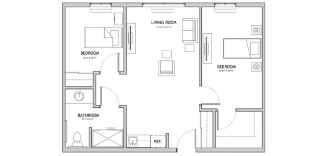 Architectural floor plan of a living space at The Auberge at North Ogden showing two bedrooms, a living room, and a bathroom. The layout includes furniture placement such as beds, chairs, a sofa, and bathroom fixtures.