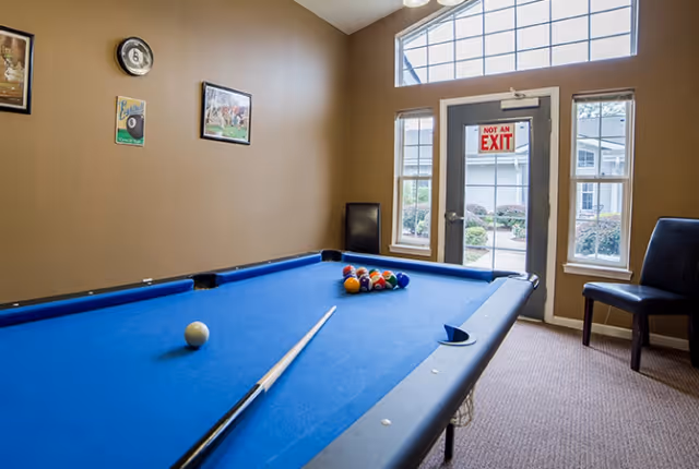 Interior room with a blue pool table, cue stick and racked balls in front of a glass door and windows.