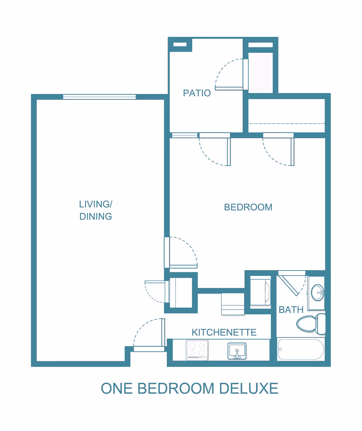 Floor plan layout of a one bedroom deluxe apartment featuring a living/dining area, bedroom, kitchenette, bathroom, and a patio.