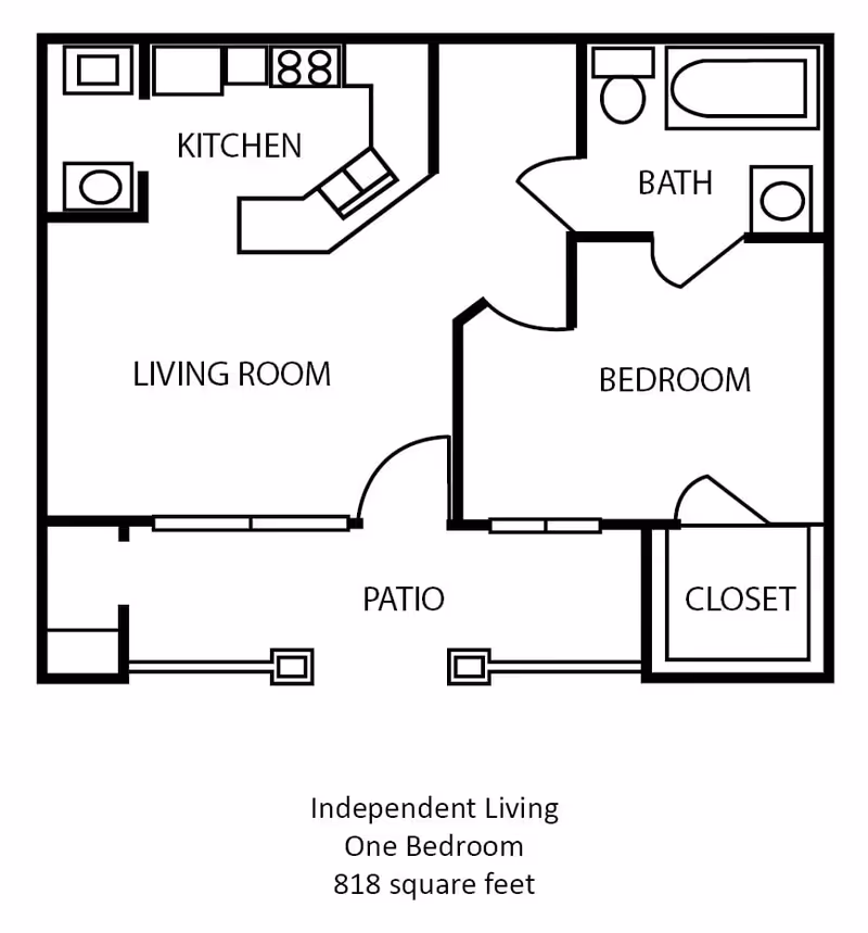 Floor plan of an independent living one-bedroom apartment with 818 square feet, showing a kitchen, living room, bedroom, bathroom, closet, and patio.