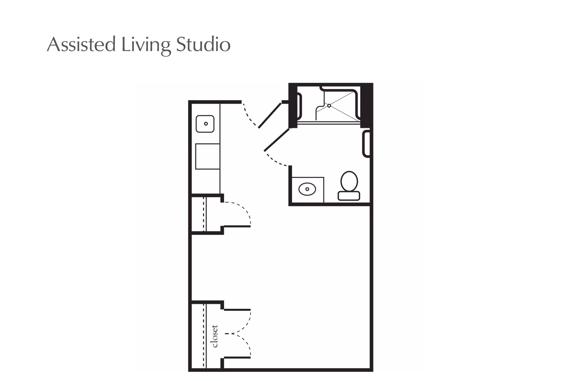 Black-and-white floor plan titled 'Assisted Living Studio' showing a studio layout with a kitchenette, closet and bathroom.