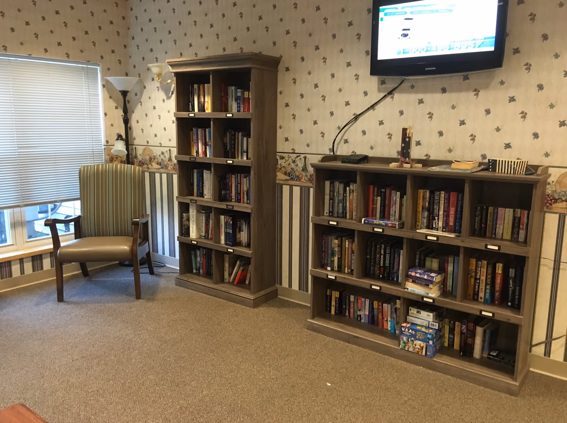 Small common room with bookshelves filled with books, a striped armchair by a window, and a wall-mounted TV.