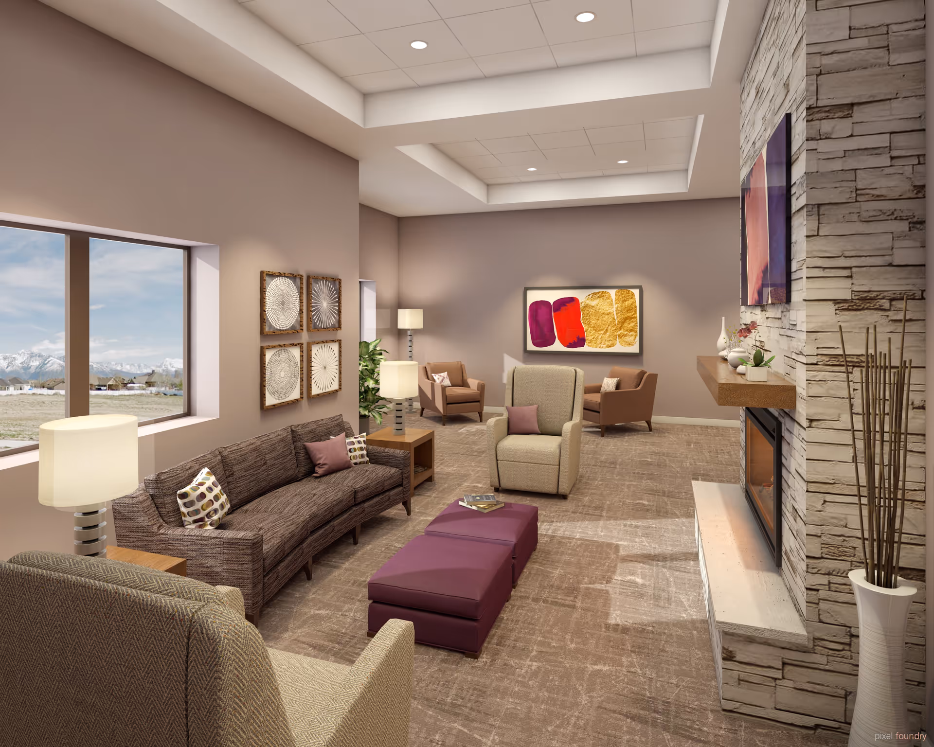 A spacious and well-lit living room with large windows showing a scenic mountain view. The room features a stone fireplace with a wooden mantle, modern abstract artwork on the walls, a brown sofa with patterned pillows, a beige armchair, two brown armchairs, a purple ottoman, and several lamps providing warm lighting. The carpet is beige, and the ceiling has recessed lighting with a tray design.