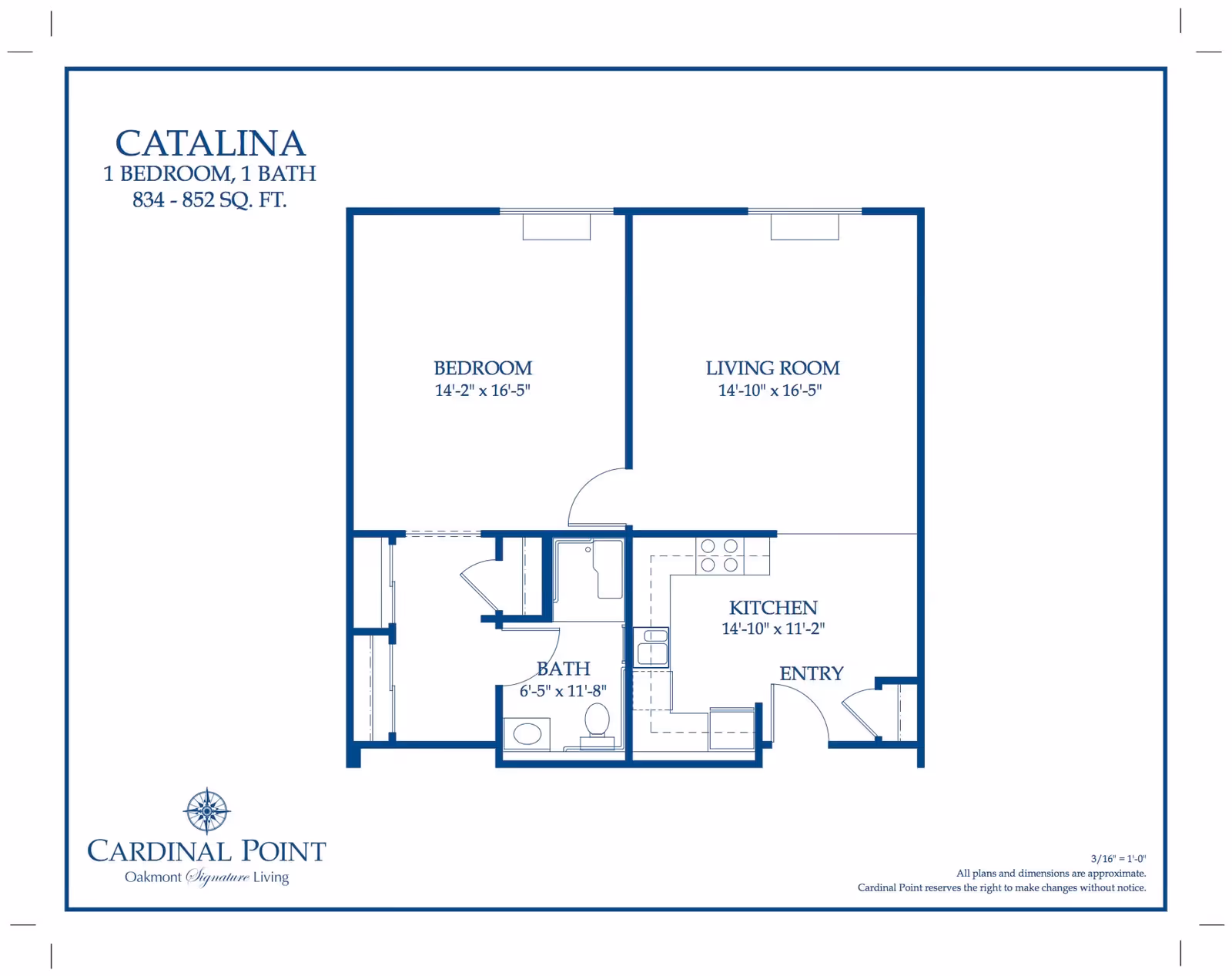 Floor plan of Catalina unit at Cardinal Point showing 1 bedroom, 1 bathroom, living room, kitchen, and entry with dimensions.