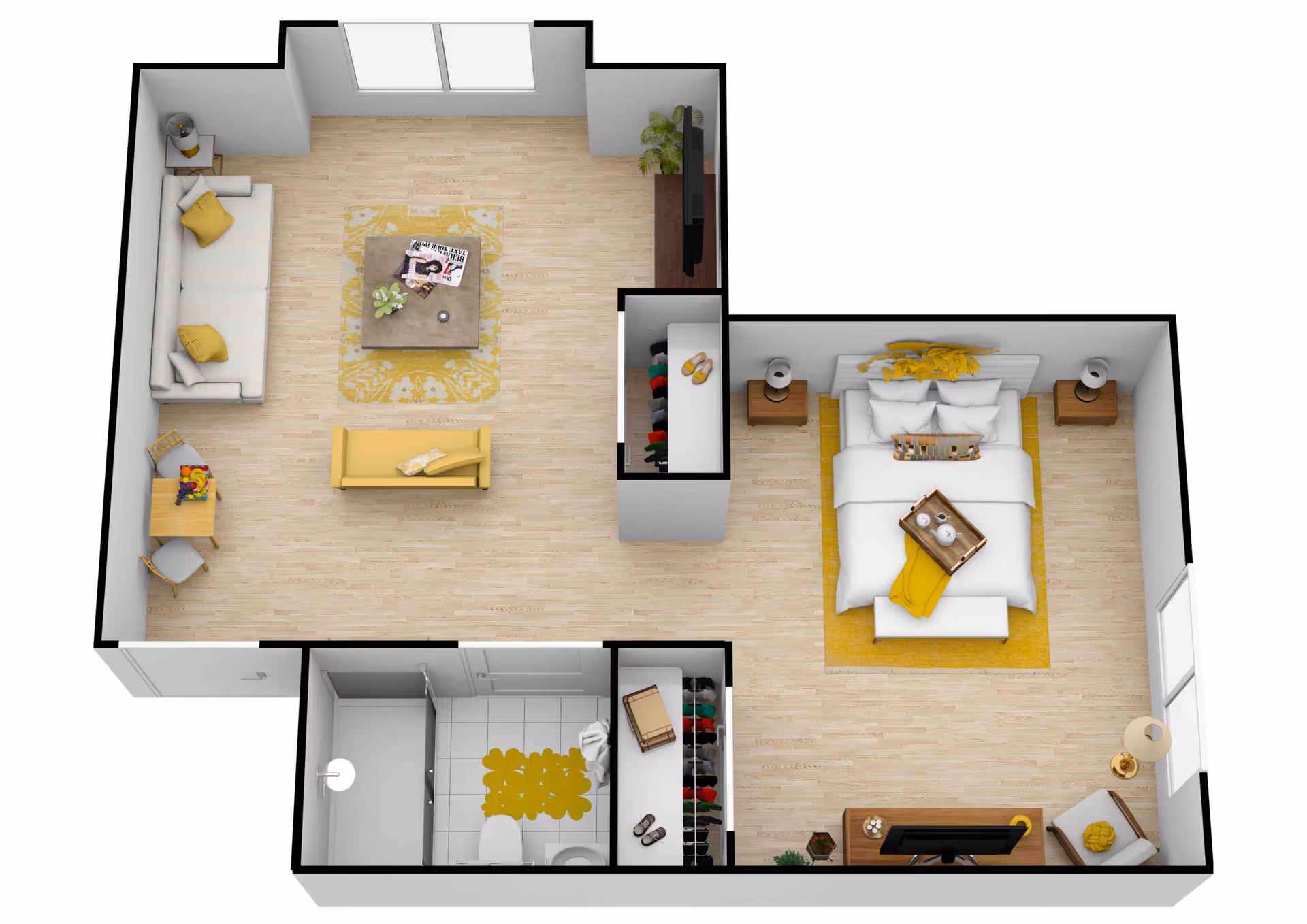 3D floor plan of a senior living apartment at Ivy Park at Laguna Creek showing a living room with sofa, armchair, coffee table, and TV, a bedroom with a bed, nightstands, and TV, and a bathroom with a shower, toilet, and sink.