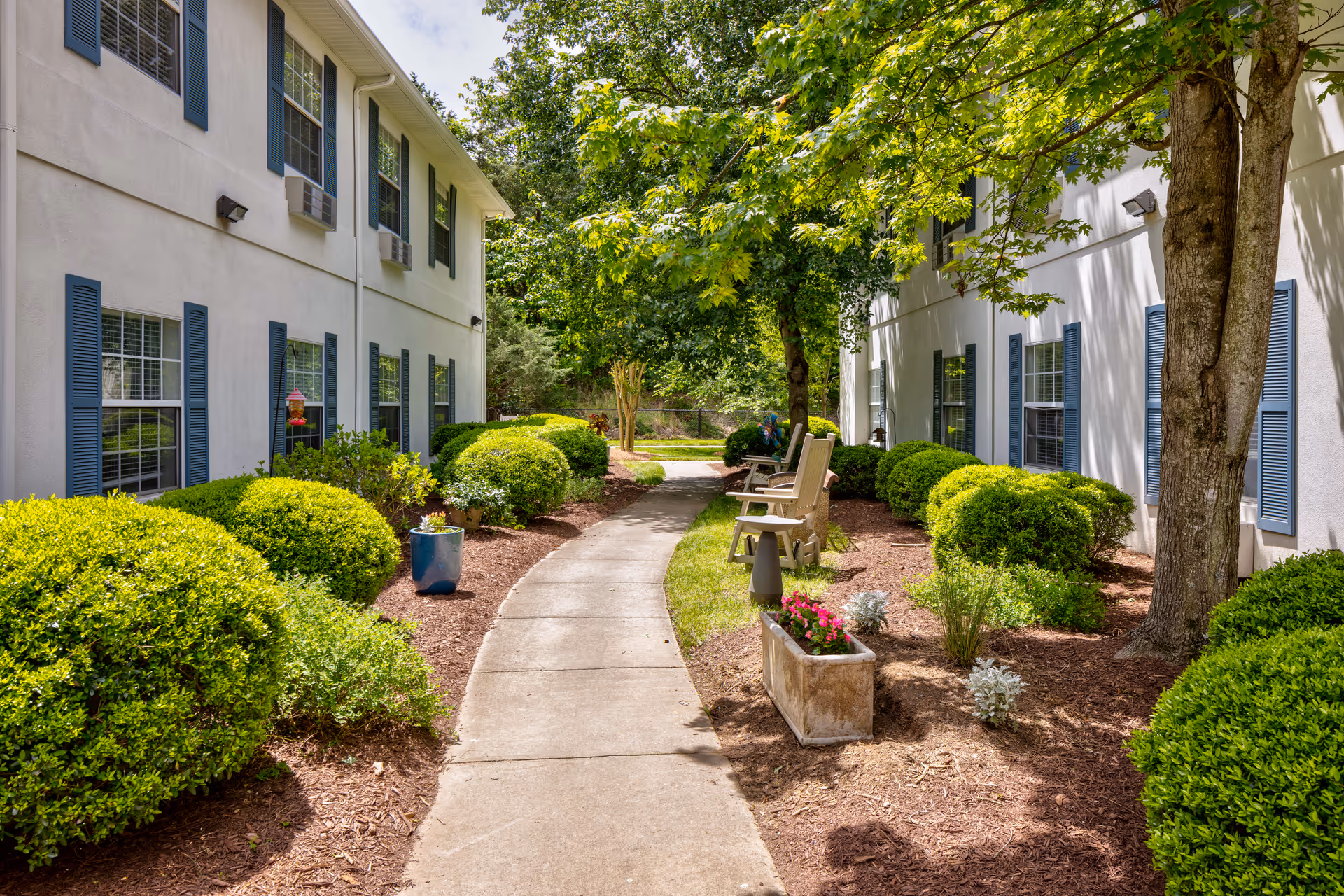 A paved walkway between two white buildings with blue shutters, surrounded by well-maintained green bushes, trees, and flower pots. There are several chairs placed along the path under the shade of a tree.