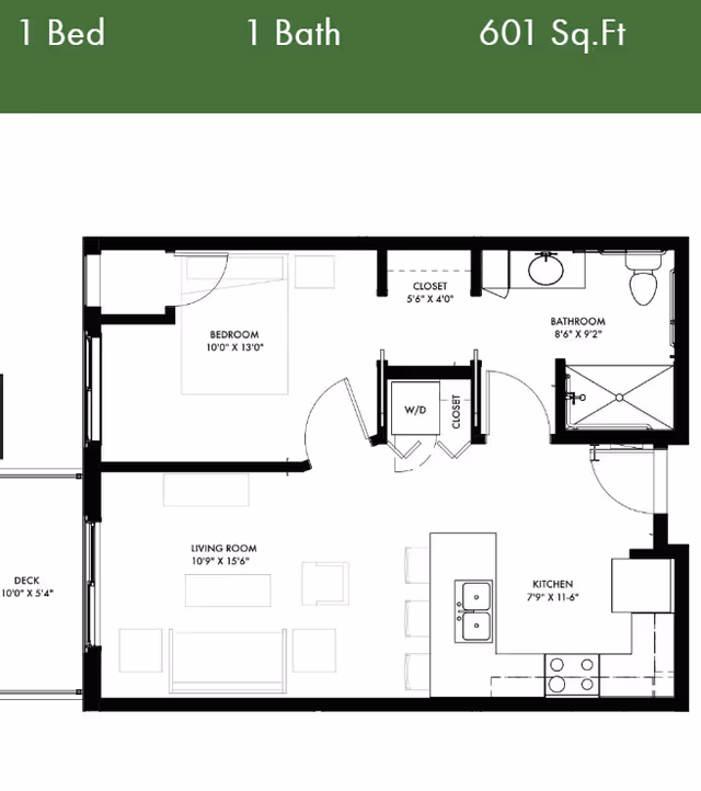 Floor plan of a one-bedroom, one-bath apartment with a total area of 601 square feet. The layout includes a bedroom measuring 10 feet by 13 feet, a bathroom measuring 8 feet 6 inches by 9 feet 2 inches, a living room measuring 10 feet 9 inches by 15 feet 6 inches, a kitchen measuring 7 feet 9 inches by 11 feet 6 inches, a deck measuring 10 feet by 5 feet 4 inches, and closets including a washer/dryer area.