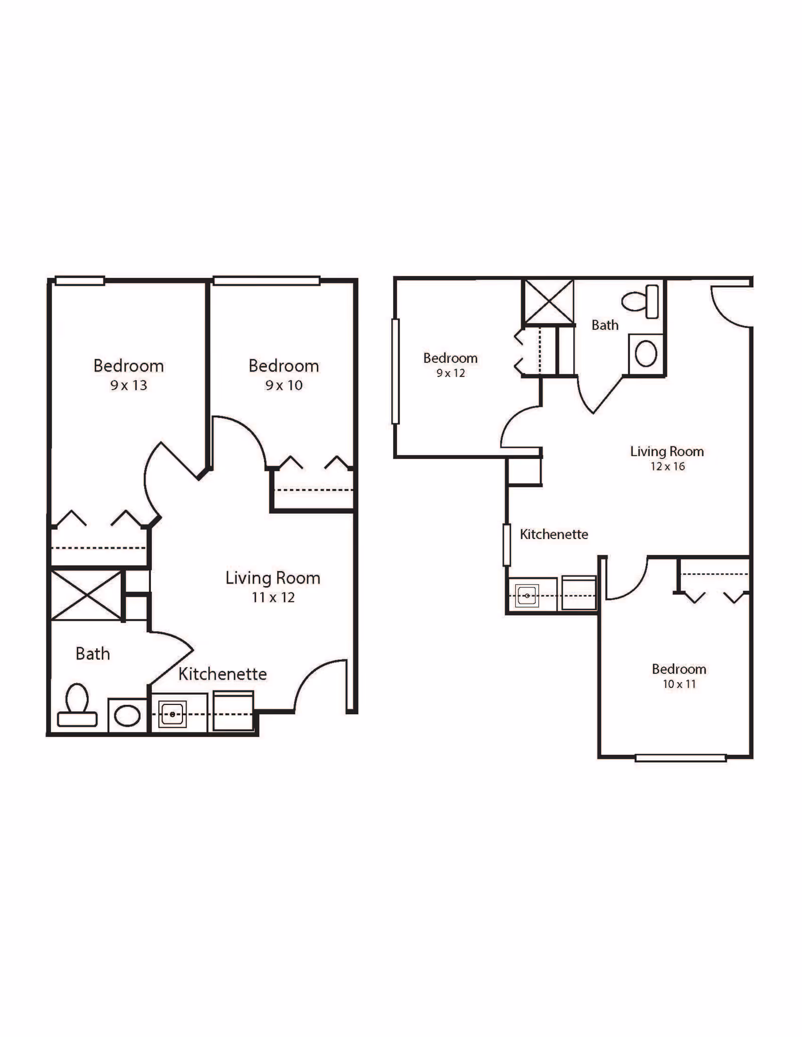 Architectural floor plan showing two different apartment layouts, each with bedrooms, living rooms, kitchenettes, and bathrooms. Dimensions for each room are labeled.