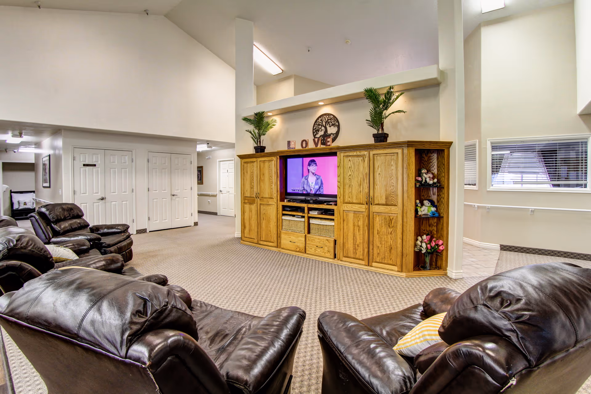 A communal living room with several dark leather recliners facing a wooden entertainment center with a television and decorative plants.