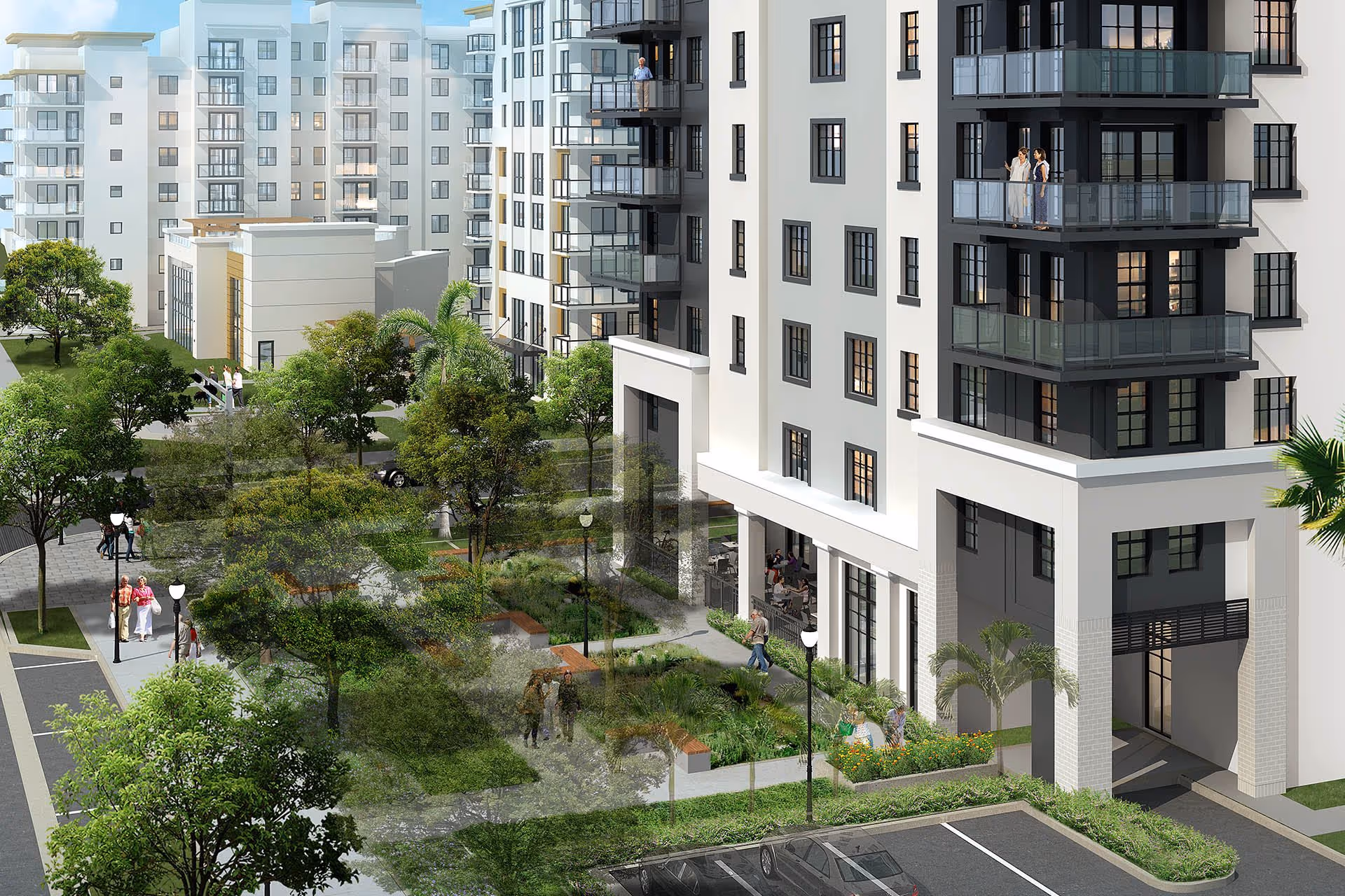 Exterior view of a modern multi-story senior living facility with balconies, landscaped gardens, walking paths, and people enjoying the outdoor space.