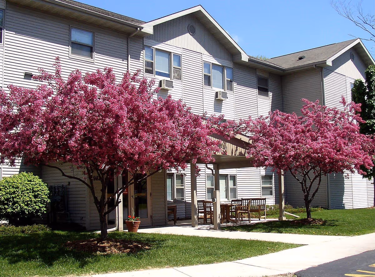 Exterior view of Maple Crest Apartments showing a two-story building with beige siding, several windows with air conditioning units, and a covered patio area with wooden tables and chairs. In front of the building, there are two vibrant pink flowering trees and a well-maintained lawn under a clear blue sky.