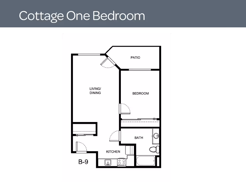 Black-and-white floor plan titled 'Cottage One Bedroom' showing a one-bedroom layout with living/dining area, kitchen, bath, and patio.