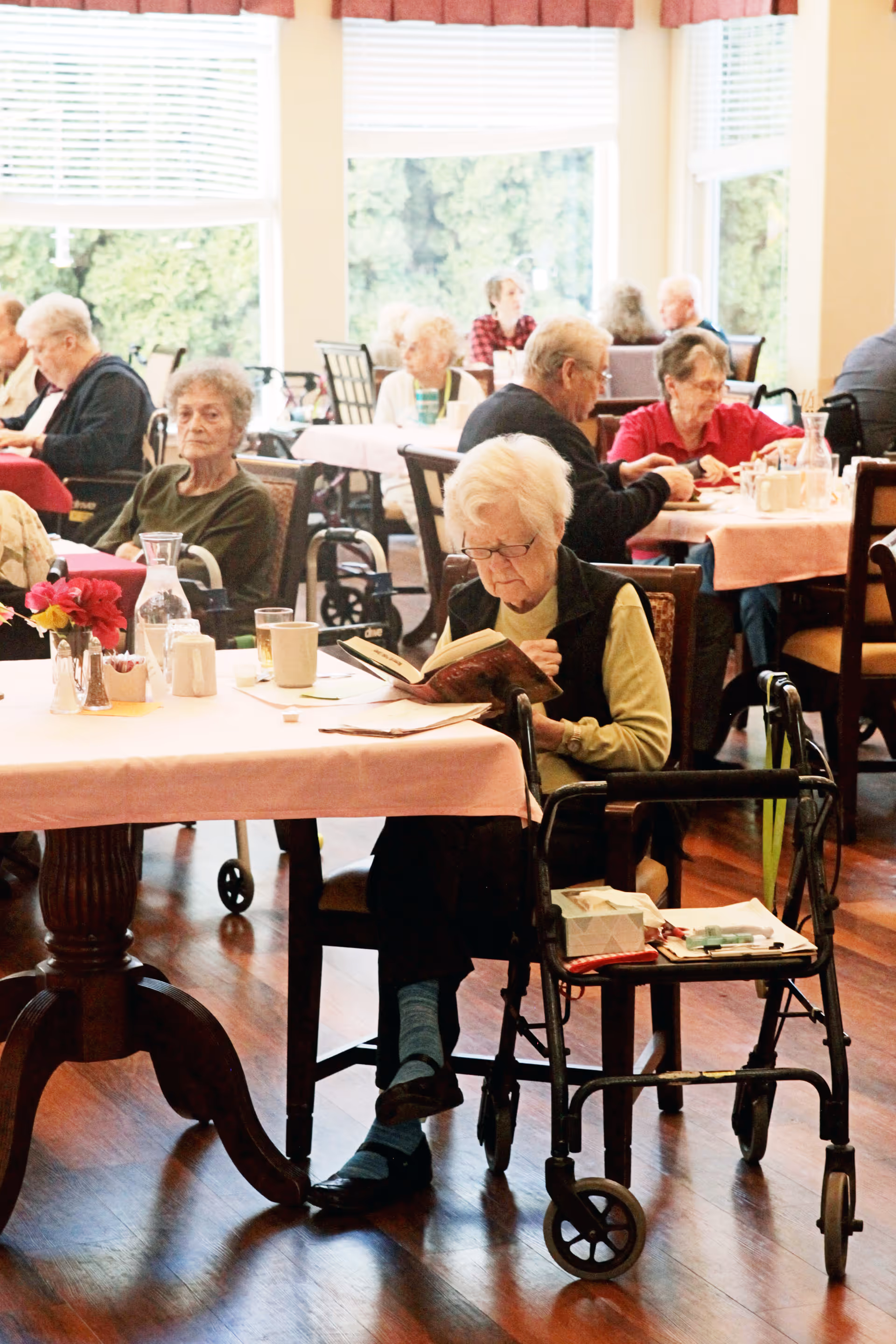 A group of elderly people sitting at tables in a bright dining room with large windows. One elderly woman in the foreground is reading a book while seated next to a walker. Other seniors are engaged in conversation or eating at tables covered with pink tablecloths.