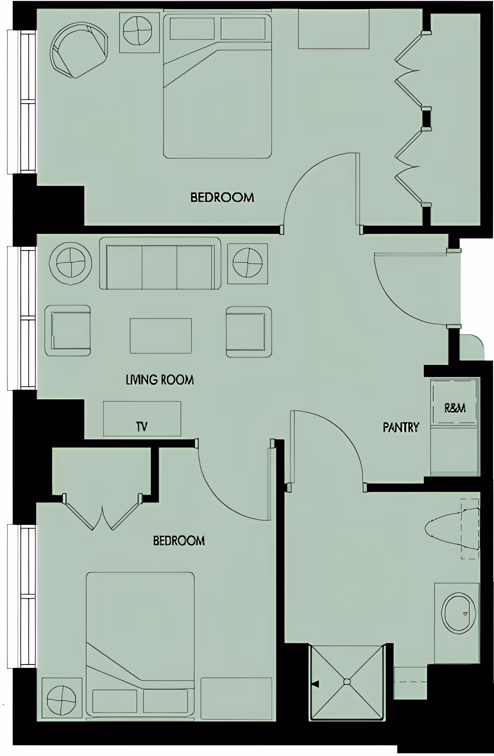 Top-down floor plan of a two-bedroom apartment showing labeled living room, pantry, bathroom, and bedrooms.