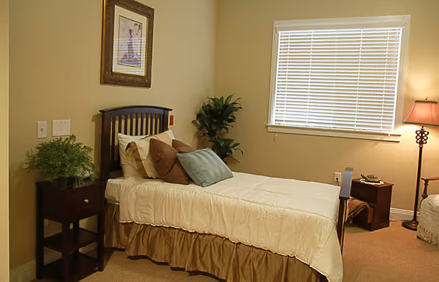 A tidy single bedroom with a made bed, decorative pillows, wooden headboard, nightstands, a floor lamp, window blinds, and potted plants.