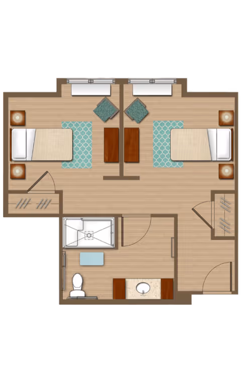 Floor plan of a two-bedroom unit with a shared bathroom. Each bedroom contains a bed, two nightstands with lamps, a rug, and a chair with a small table. The bathroom includes a toilet, a shower, a sink with a countertop, and a small mat. There are closets near the entrance of each bedroom.