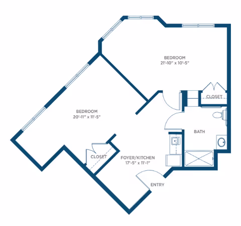 Floor plan of an apartment at Somerby Peachtree City showing two bedrooms, a bathroom, closets, and a combined foyer/kitchen area with an entry door.