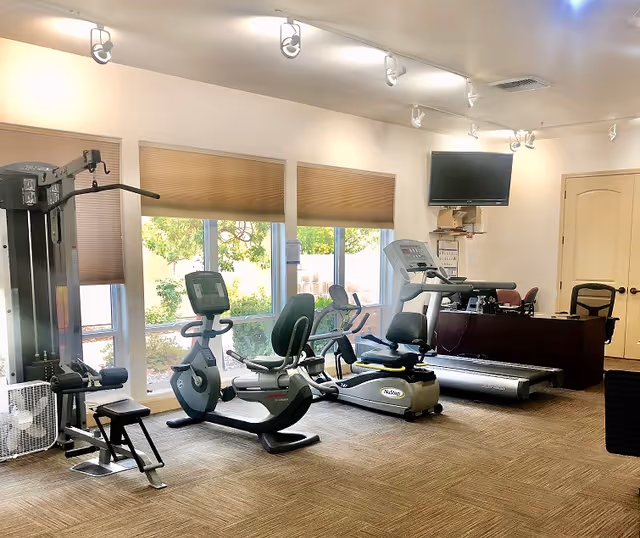 A well-lit exercise room with large windows showing greenery outside. The room contains various fitness equipment including a recumbent exercise bike, an elliptical machine, a treadmill, and a multi-function weight machine. There is a desk with a chair and a wall-mounted TV in the corner.