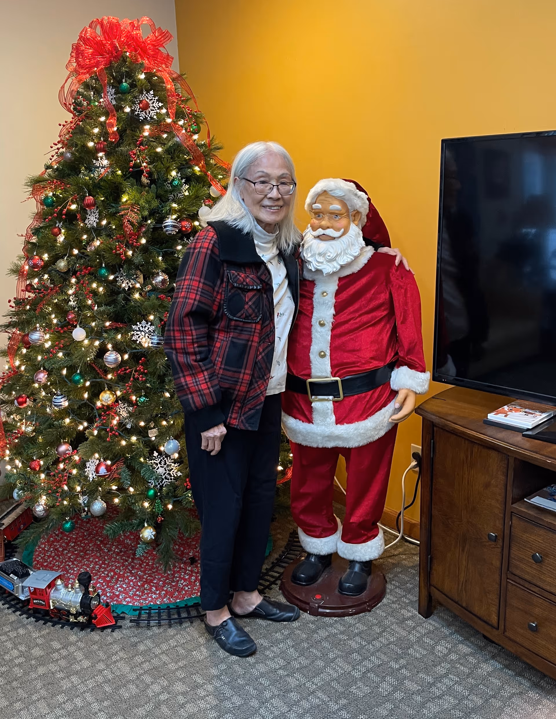 An elderly woman with glasses and long white hair stands smiling next to a life-sized Santa Claus figure in a room decorated for Christmas. Behind them is a decorated Christmas tree with lights, ornaments, and a red bow on top. A small toy train set circles the base of the tree. To the right is a wooden cabinet with a flat-screen TV on top.