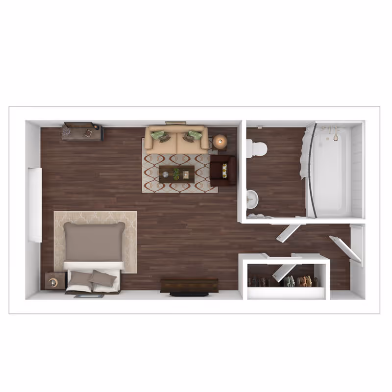 Top-down view of a studio apartment floor plan featuring a bedroom area with a bed and nightstand, a living area with a sofa, armchair, coffee table, and side table with lamp, a bathroom with a bathtub, toilet, and sink, and a small closet space.