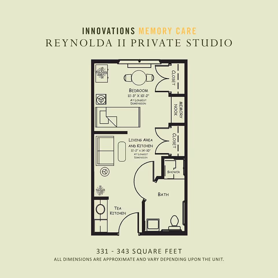 Floor plan layout of the Reynolda II Private Studio at RoseWood Village Assisted Living and Memory Care. The plan includes a bedroom with a closet and memory nook, a living area and kitchen, a tea kitchen, and a bathroom with a shower. The total area is approximately 331 to 343 square feet.