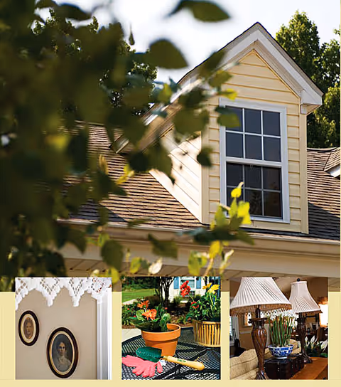 Yellow dormer window and roof seen through leafy branches with three small inset photos of portraits, potted flowers, and a living room along the bottom.