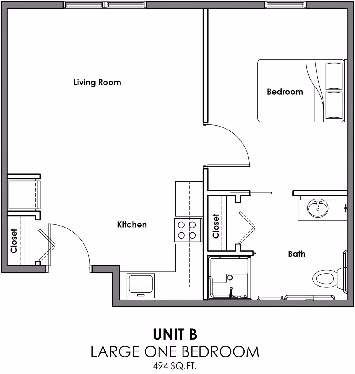 Floor plan of Unit B, a large one-bedroom apartment with 494 square feet, showing a living room, kitchen, bedroom, bathroom, and two closets.