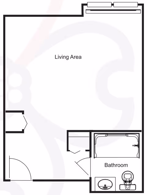 Floor plan layout showing a living area connected to a bathroom with a bathtub, sink, and toilet.
