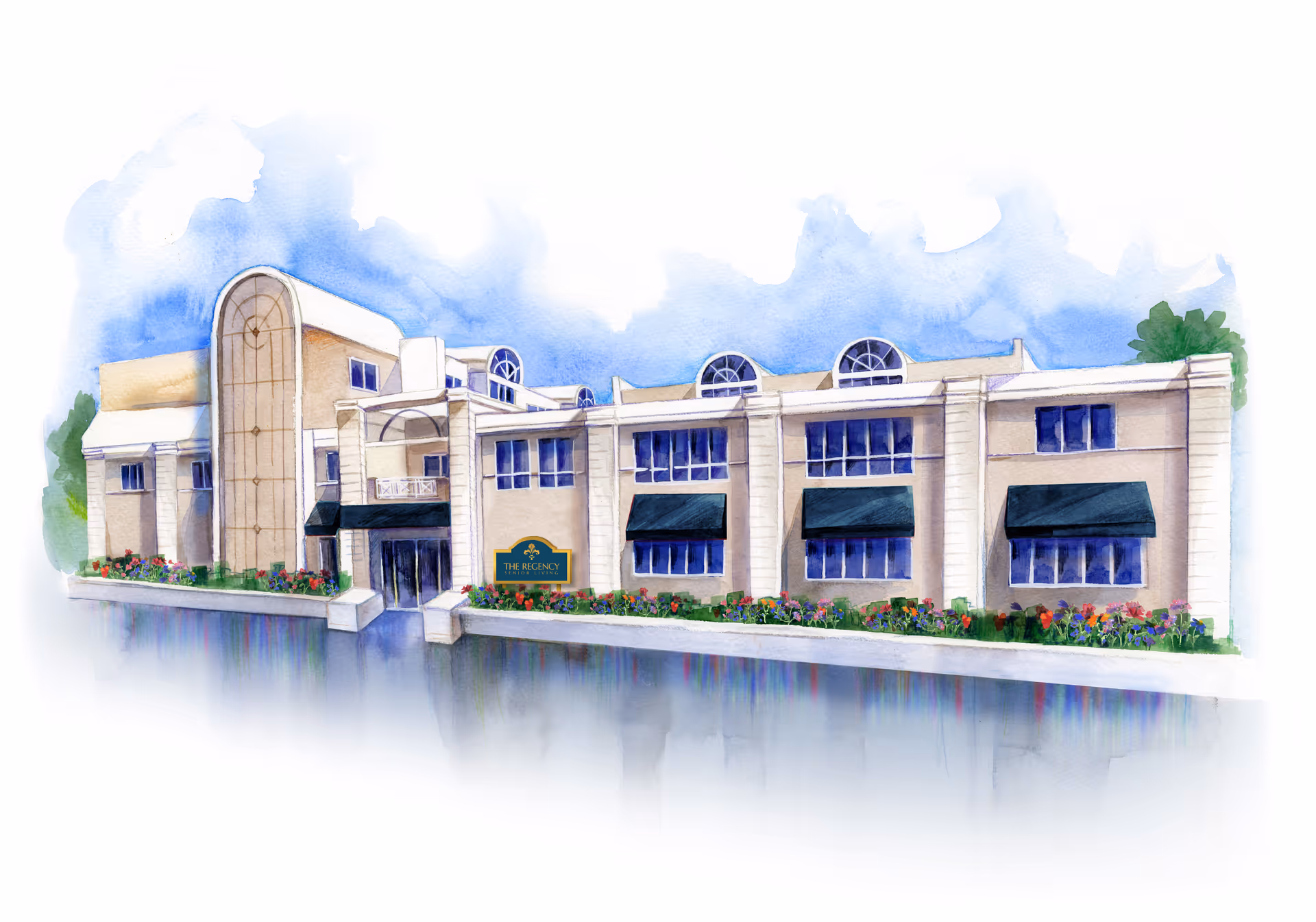 Watercolor illustration of a two-story building with large windows, green awnings, and a sign that reads 'The Regency At Glen Cove Senior Living' surrounded by flower beds and greenery under a blue sky.