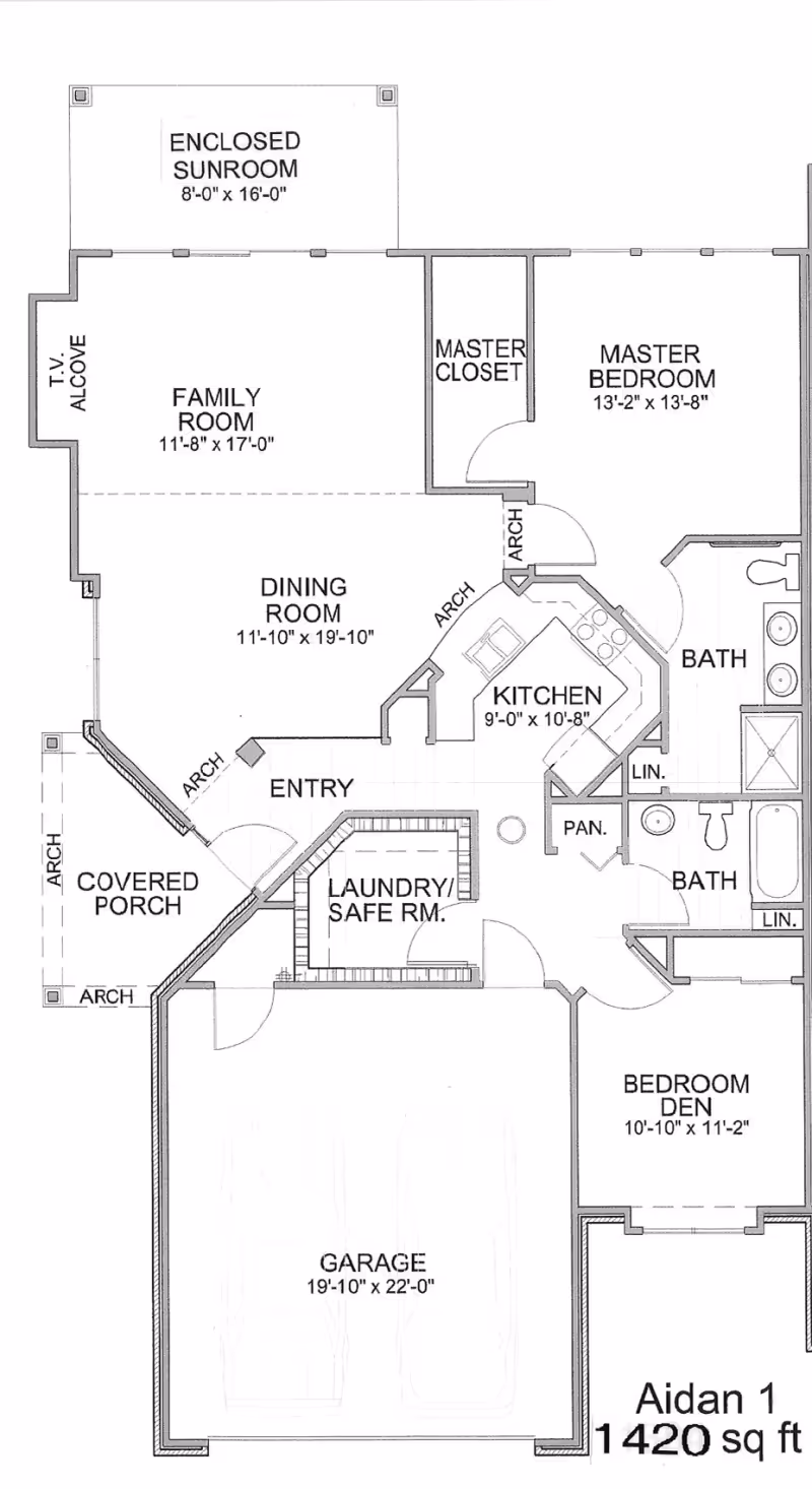 Architectural floor plan for a Shepherd’s Crossing Independent Living unit, showing kitchen, dining room, family room, master bedroom, baths, laundry, entry, porch, and garage.