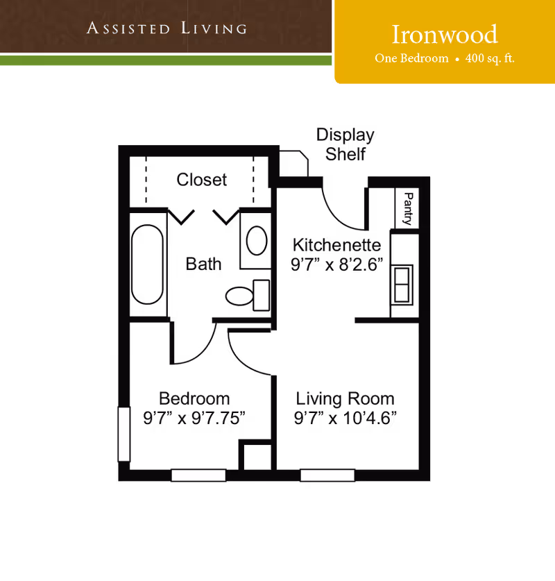 One-bedroom assisted living floor plan labeled "Ironwood" (400 sq. ft.) showing bedroom, bath, kitchenette, and living room.